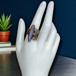 Boho Chic Gemstone Ring Blue Kyanite & Green Tourmaline Adjustable Copper